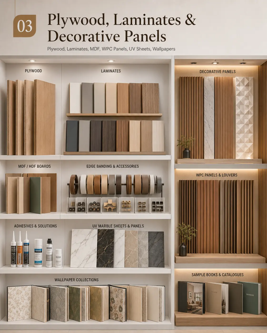 Plywood, Laminates & Decorative Panels display section at Shiv Ashish showroom