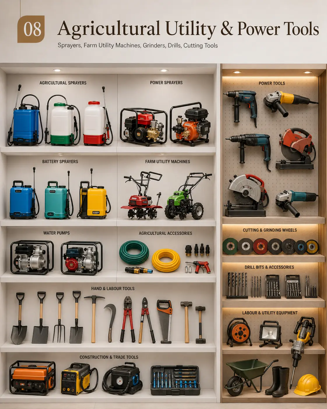 Agricultural Utility & Power Tools display section at Shiv Ashish showroom