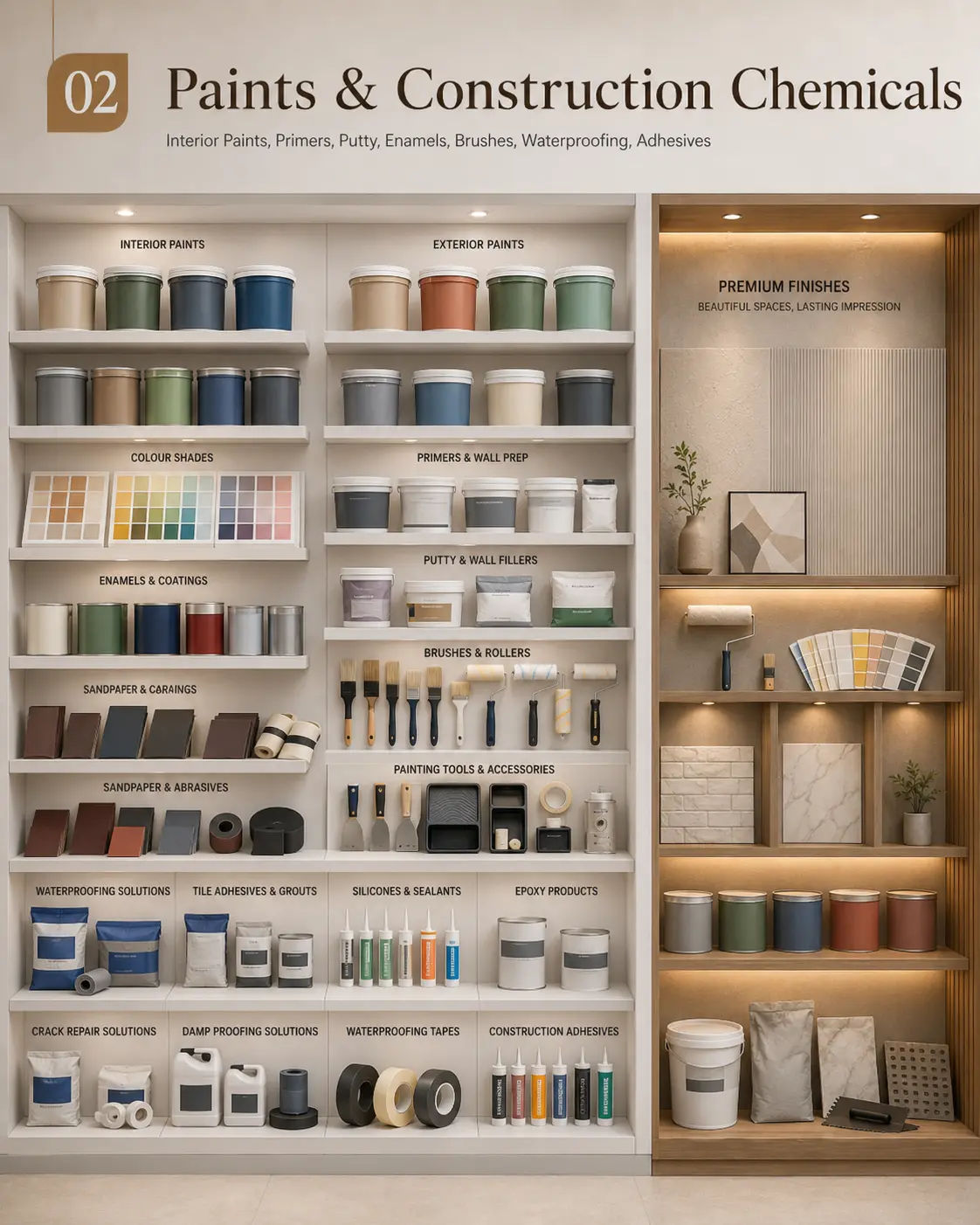 Paints & Construction Chemicals display section at Shiv Ashish showroom