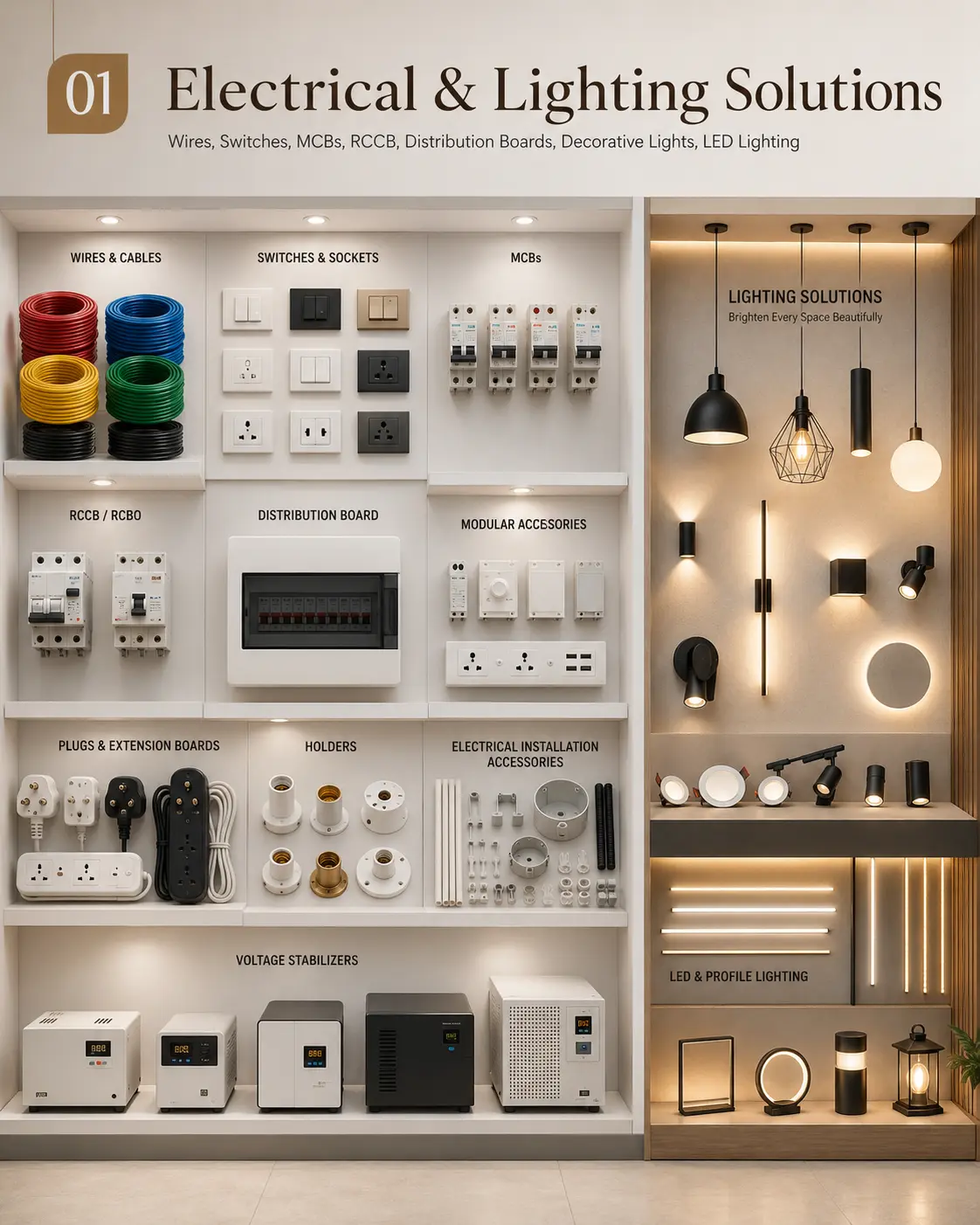 Electrical & Lighting Solutions display section at Shiv Ashish showroom