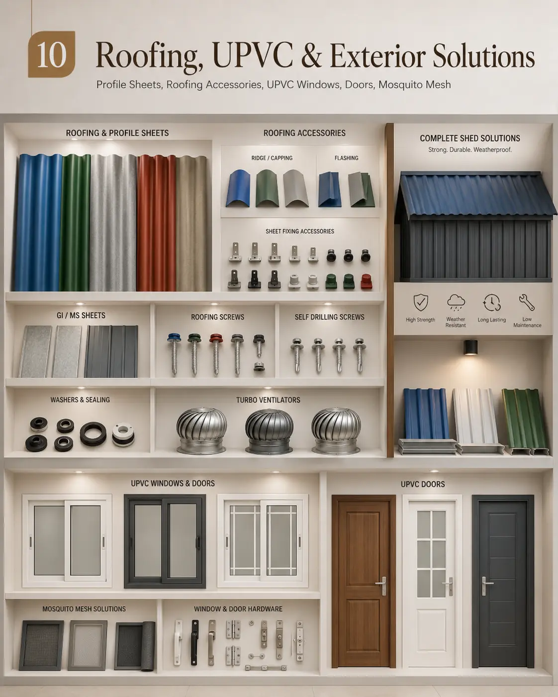 Roofing, UPVC & Exterior Solutions display section at Shiv Ashish showroom