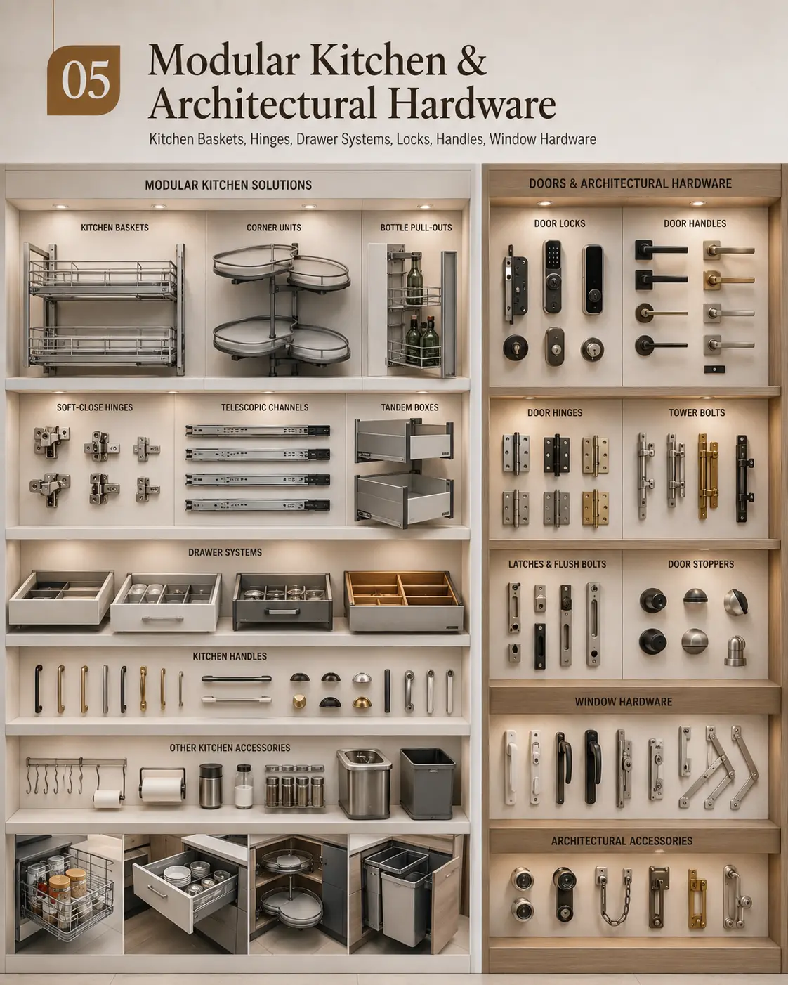 Modular Kitchen & Architectural Hardware display section at Shiv Ashish showroom