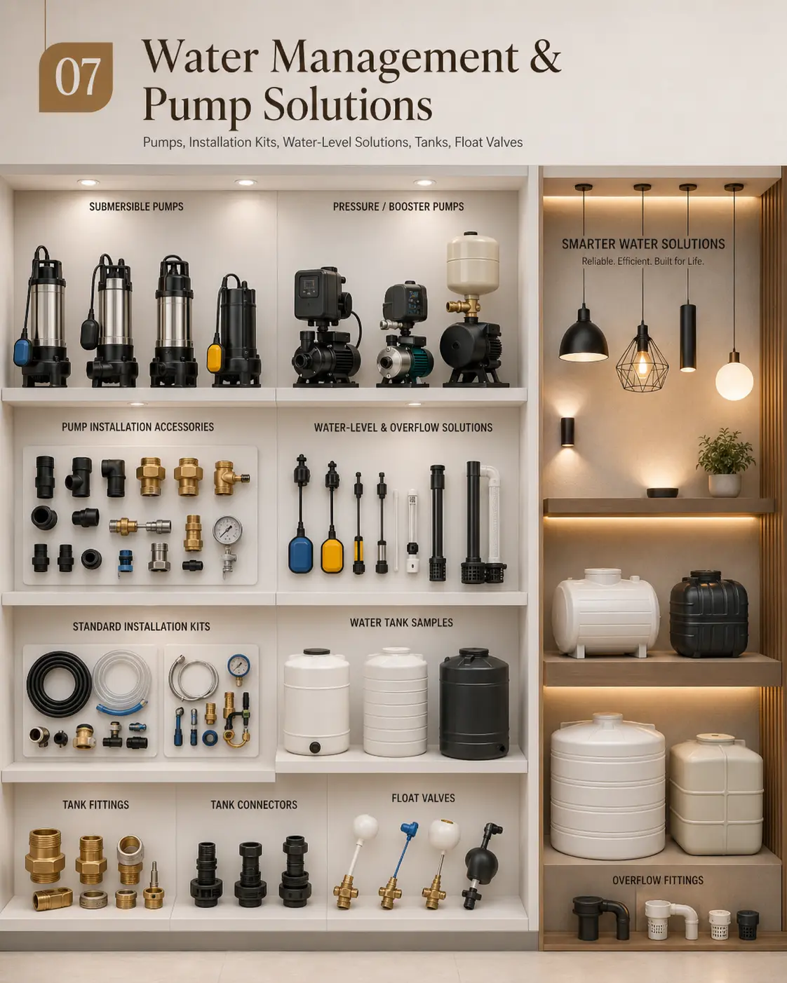 Water Management & Pump Solutions display section at Shiv Ashish showroom